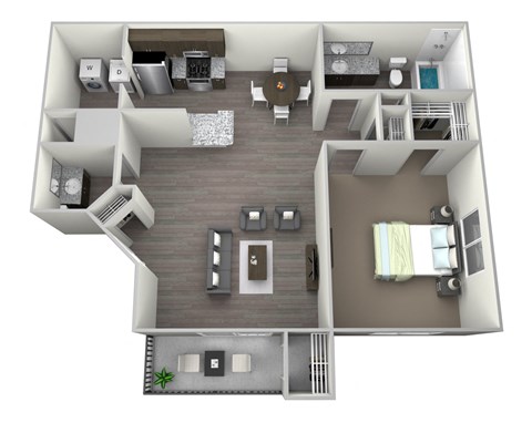 Floor plan for 1 bed, 1.5 baths, 740 sqft